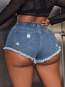 SHEIN SXY Plus Ripped Raw Hem Denim Shorts - Medium Wash - View 2