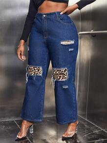 SHEIN SXY Jeans De Pierna Ancha Rasgados Con Estampado De Leopardo En Talla Grande - Azul lavado oscuro - Ver 5