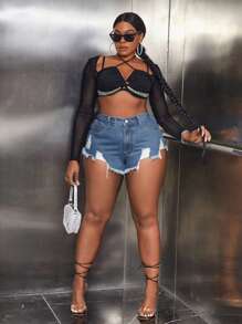 SHEIN SXY Plus Ripped Raw Hem Denim Shorts - Medium Wash - View 5