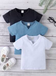 SHEIN 5 件套男婴休闲百搭纯色 V 领短袖针织 T 恤，百搭日常和户外穿着，春夏季 - 彩色 - 查看 1