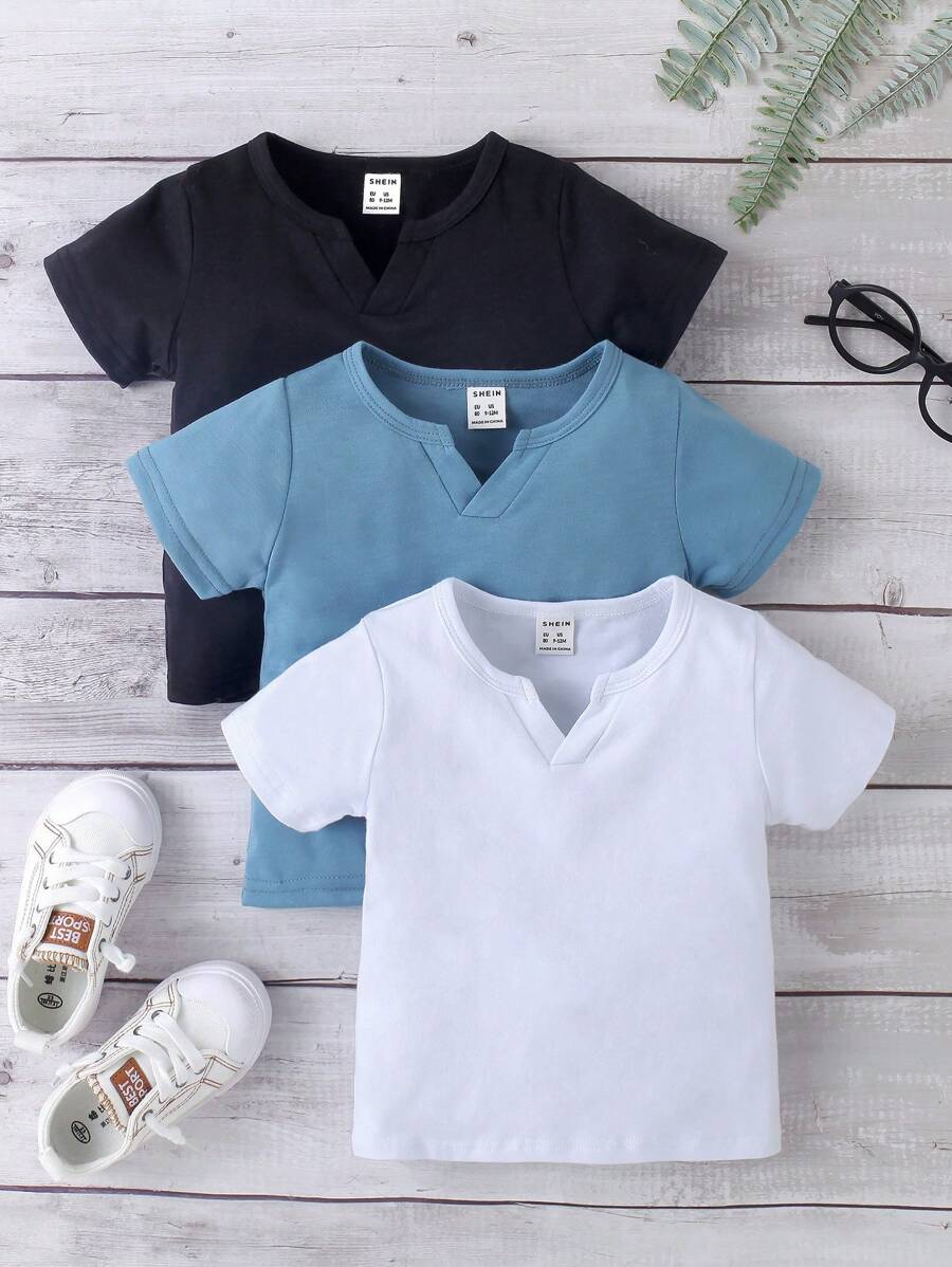 SHEIN 5 件套男婴休闲百搭纯色 V 领短袖针织 T 恤，百搭日常和户外穿着，春夏季 - 彩色 - 查看 1