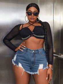 SHEIN SXY Plus Ripped Raw Hem Denim Shorts - Medium Wash - View 6