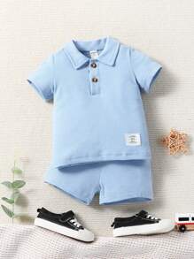 嬰兒字母補丁細節POLO衫和短褲 - 淺藍色 - 查看 1