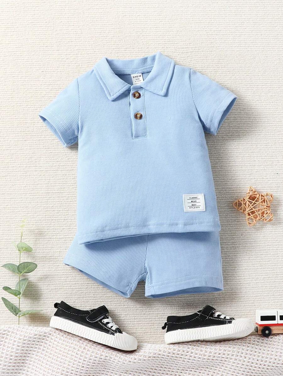 嬰兒字母補丁細節POLO衫和短褲 - 淺藍色 - 查看 1