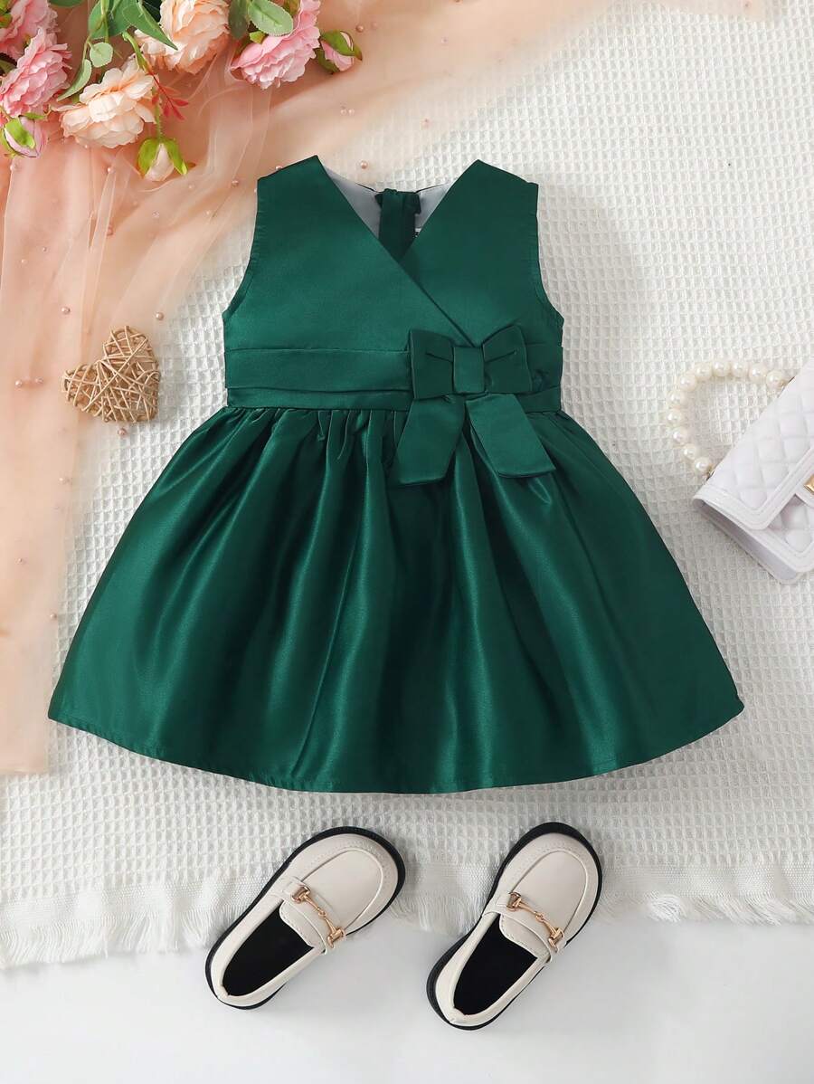 Baby Girl Solid Bow Front Wrap Detail Dress - Dark Green - View 1