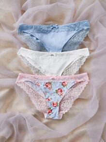 3入組印花蕾絲拼接內褲 - 彩色 - 查看 4