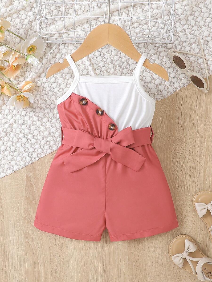 Baby Girl Two Tone Button Detail Belted Cami Romper - Multicolor - View 1