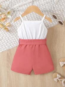 Baby Girl Two Tone Button Detail Belted Cami Romper - Multicolor - View 2
