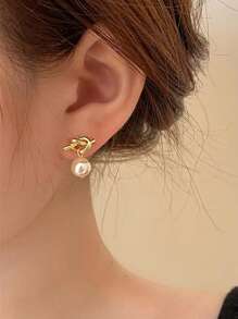 Knot & Faux Pearl Decor Drop Earrings - Yellow Gold - View 1