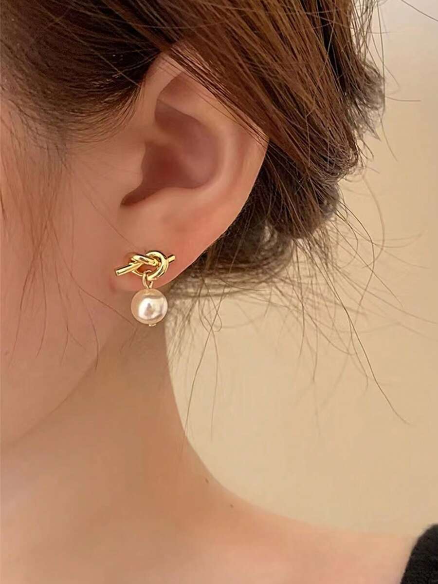 Knot & Faux Pearl Decor Drop Earrings - Yellow Gold - View 1