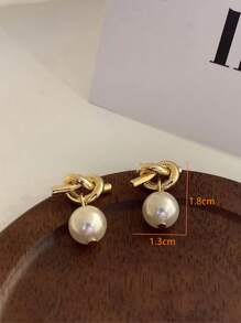 Knot & Faux Pearl Decor Drop Earrings - Yellow Gold - View 3