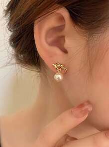 Knot & Faux Pearl Decor Drop Earrings - Yellow Gold - View 4