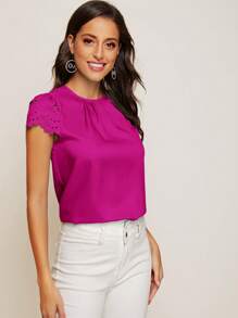 SHEIN Clasi 貝殼邊鏤空袖百褶細節上衣 - 中紫紅色 - 查看 4