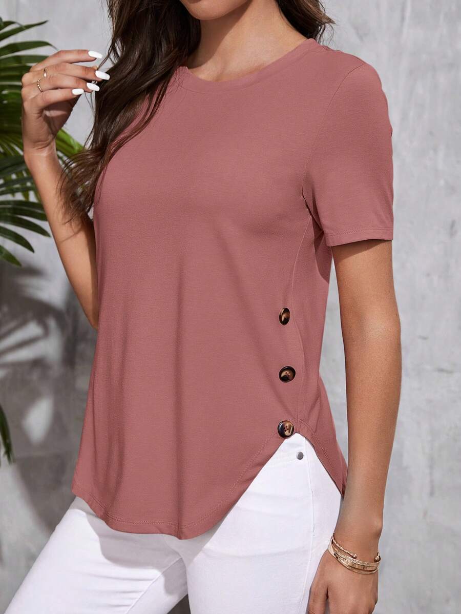 SHEIN LUNE Button Detail Curved Hem Tee,Casual - Dusty Pink - View 1