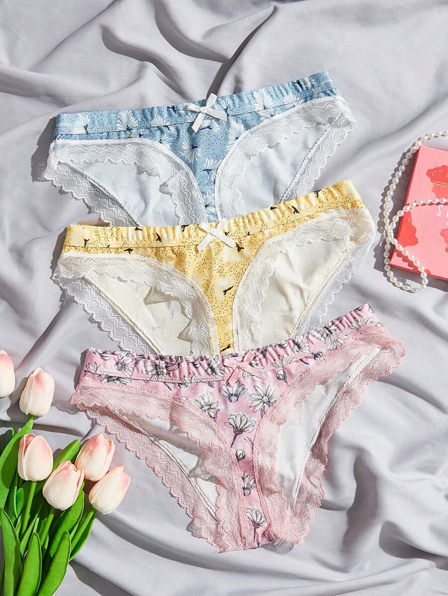 3pack Floral Print Contrast Lace Bow Front Panty - Multicolor - View 1