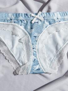 3pack Floral Print Contrast Lace Bow Front Panty - Multicolor - View 3