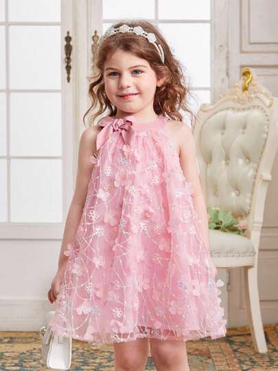 SHEIN 年輕女孩們前蝴蝶結貼花網紗覆蓋派對禮服