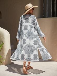 SHEIN LUNE Paisley Print Lantern Sleeve Kimono Summer - White - View 2