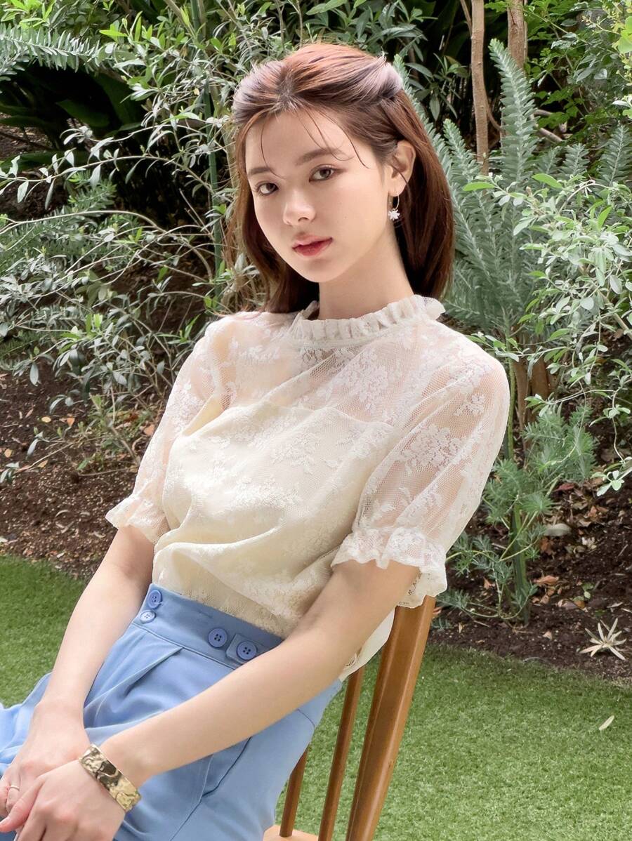 DAZY 褶邊泡泡袖上衣 - 杏色 - 查看 1