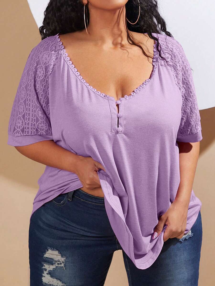 SHEIN CURVE+ 大碼蕾絲拼接插肩袖T恤 - 紫丁香色 - 查看 1