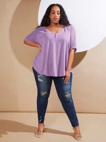 SHEIN CURVE+ 大碼蕾絲拼接插肩袖T恤 - 紫丁香色 - 查看 3