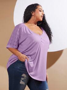 SHEIN CURVE+ 大碼蕾絲拼接插肩袖T恤 - 紫丁香色 - 查看 4