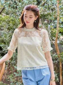 DAZY 褶邊泡泡袖上衣 - 杏色 - 查看 4