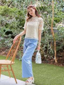 DAZY 褶邊泡泡袖上衣 - 杏色 - 查看 8