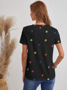 SHEIN LUNE Floral Print V Neck Tee - Black - View 2