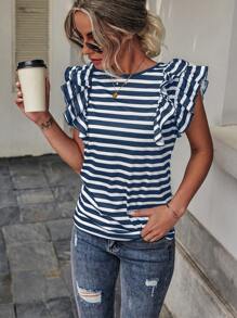 SHEIN LUNE Striped Print Butterfly Sleeve Tee Graphic Tees Women Tops - Blue and White - View 1