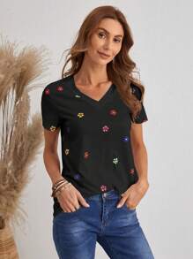 SHEIN LUNE Floral Print V Neck Tee - Black - View 3