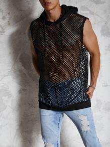 男士抽繩連帽鏤空針織背心上衣 - 黑色 - 查看 1