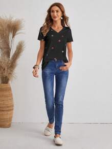 SHEIN LUNE Floral Print V Neck Tee - Black - View 4