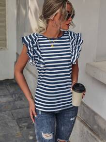 SHEIN LUNE Striped Print Butterfly Sleeve Tee Graphic Tees Women Tops - Blue and White - View 3