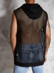 男士抽繩連帽鏤空針織背心上衣 - 黑色 - 查看 2