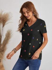 SHEIN LUNE Floral Print V Neck Tee - Black - View 5