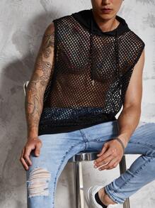 男士抽繩連帽鏤空針織背心上衣 - 黑色 - 查看 3