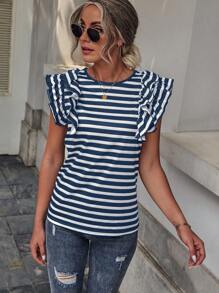 SHEIN LUNE Striped Print Butterfly Sleeve Tee Graphic Tees Women Tops - Blue and White - View 5