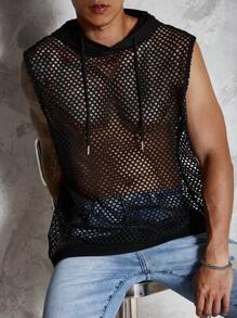 男士抽繩連帽鏤空針織背心上衣 - 黑色 - 查看 6