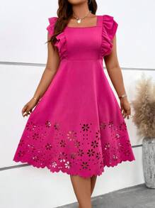 SHEIN Clasi 大碼鏤空荷葉邊連衣裙 - 玫紅色 - 查看 3