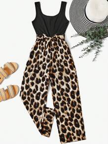 SHEIN 女孩豹紋印花腰帶無袖連體褲 - 彩色 - 查看 1