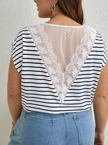 SHEIN Frenchy Plus Striped Contrast Embroidery Mesh Batwing Sleeve Tee - Black and White - View 1