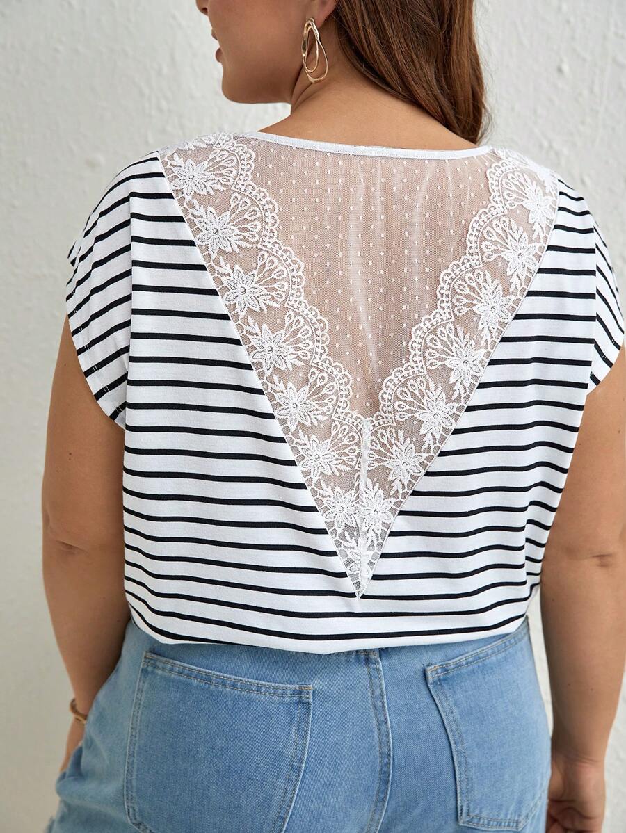 SHEIN Frenchy Plus Striped Contrast Embroidery Mesh Batwing Sleeve Tee - Black and White - View 1