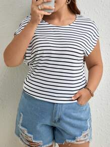 SHEIN Frenchy Plus Striped Contrast Embroidery Mesh Batwing Sleeve Tee - Black and White - View 2