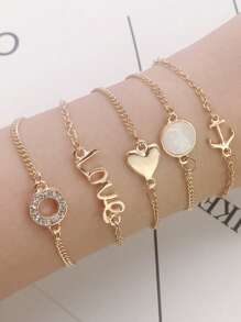 5入組/套時尚鋅合金心和字母裝飾手環適合女士日常裝飾 - 金色 - 查看 1