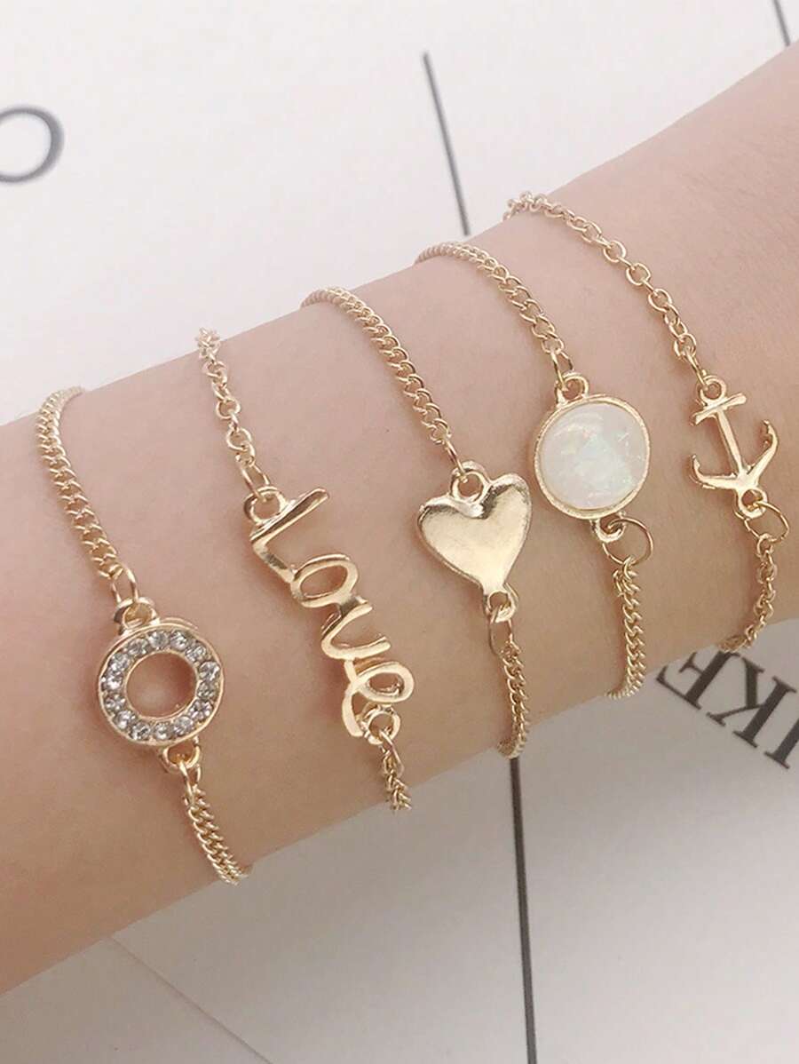 5入組/套時尚鋅合金心和字母裝飾手環適合女士日常裝飾 - 金色 - 查看 1