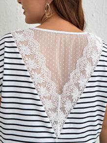 SHEIN Frenchy Plus Striped Contrast Embroidery Mesh Batwing Sleeve Tee - Black and White - View 5