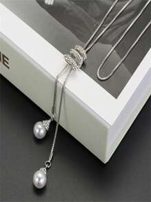 Quyến rũ Ngọc trai giả Vòng cổ Y Lariat - Bạc - Xem 1