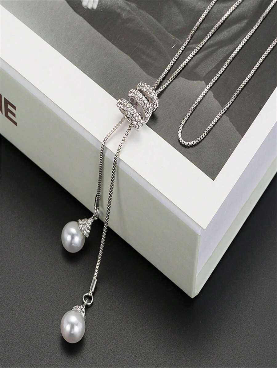 Quyến rũ Ngọc trai giả Vòng cổ Y Lariat - Bạc - Xem 1