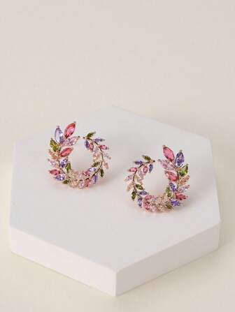 1pair Glamorous Cubic Zirconia Leaf Stud Earrings For Women For Gift Copper Jewelry